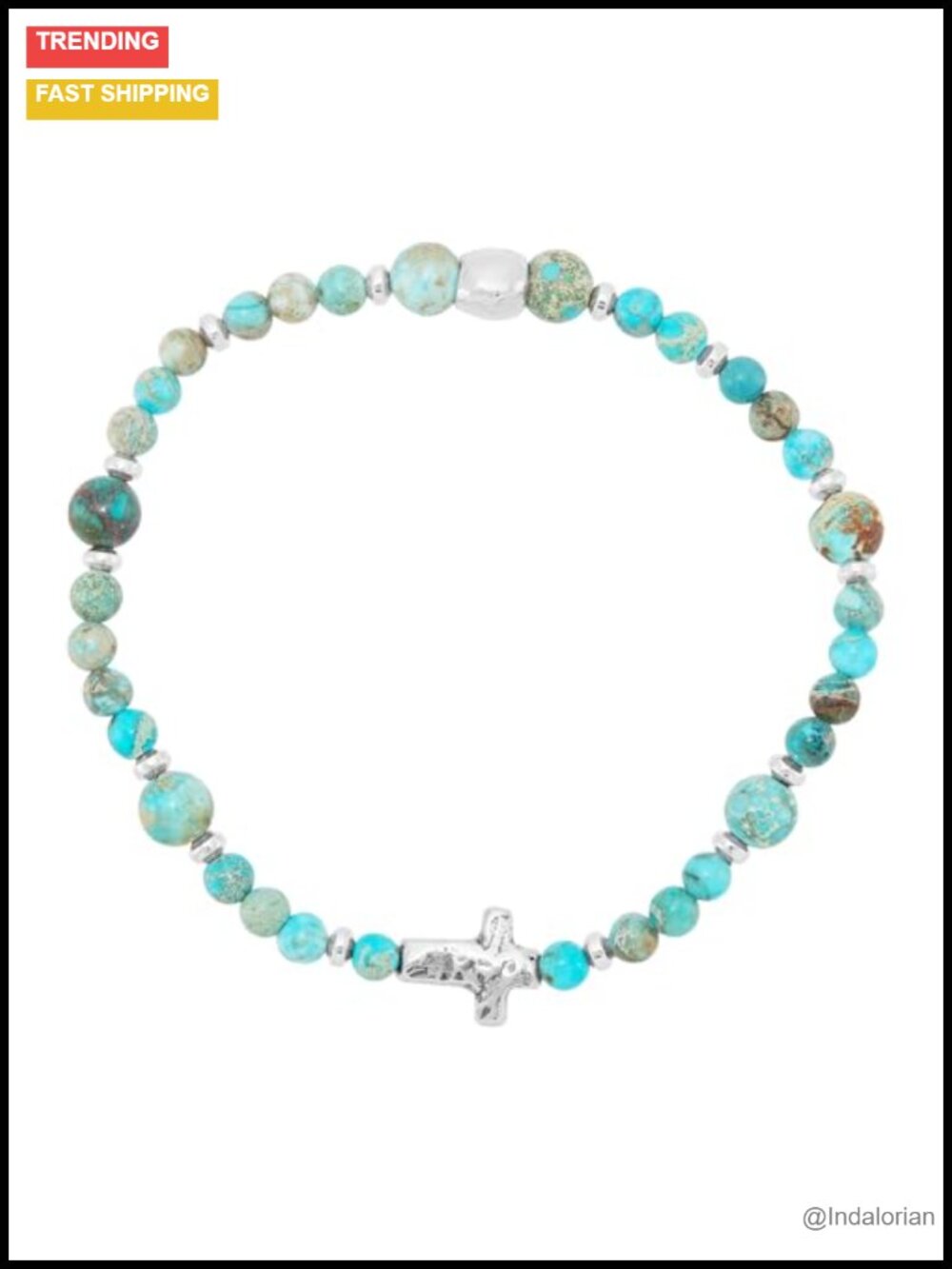 Sterling Silver Cross Stretch Bracelet Teal Jasper Hematite 7.5